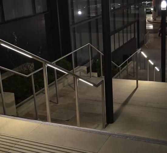 Premium Glass Railing with Stainless Steel Handrail and LED Lights